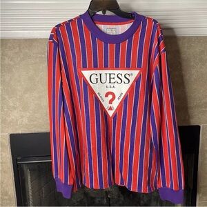 Guess Men medium Shirt Long Sleeve Red Purple Striped Long Sleeve Retro Knit NEW